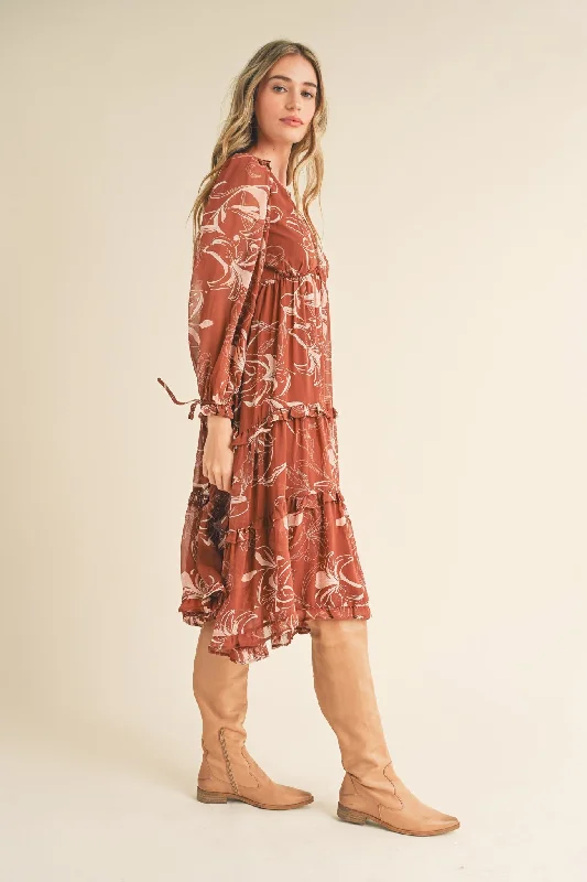 Brown Floral Chiffon Ruffle Tiered Midi Dress