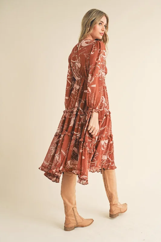 Brown Floral Chiffon Ruffle Tiered Midi Dress