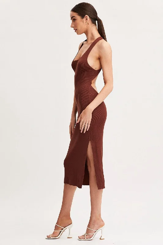 Brown Keyhole Dress Sleeveless Midi Knit