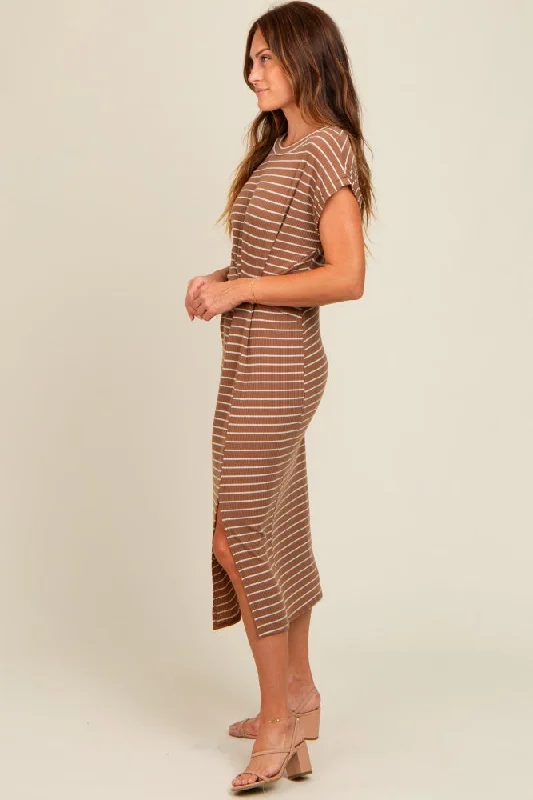 Brown Striped Gathered Waist Dress