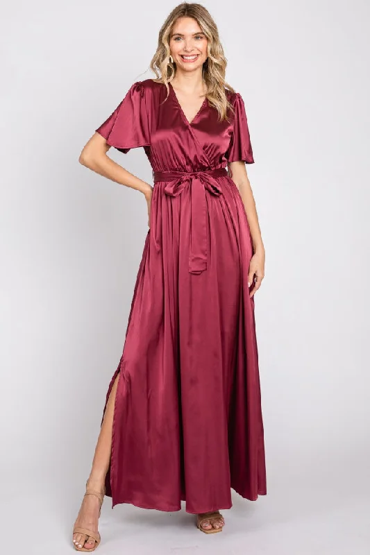 Burgundy Satin Wrap Nursing Dress