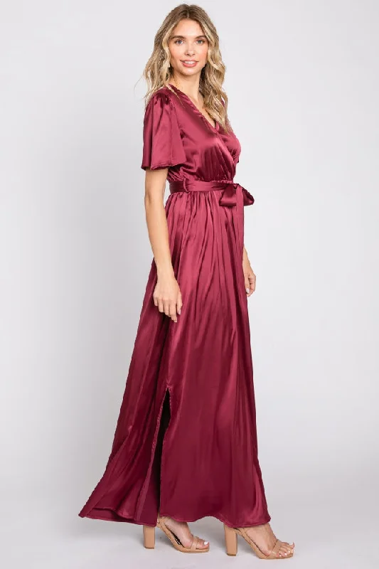 Burgundy Satin Wrap Nursing Dress