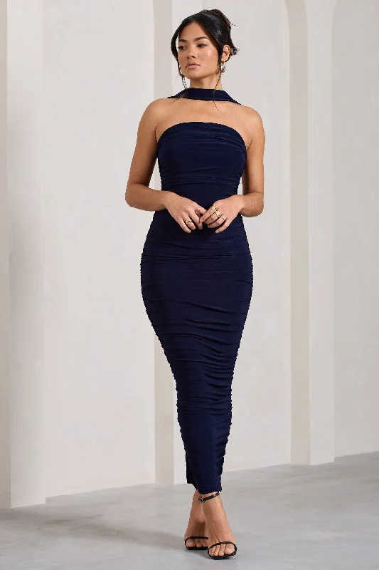 Entranced | Navy Ruched Bandeau Maxi Dress With Halter Collar