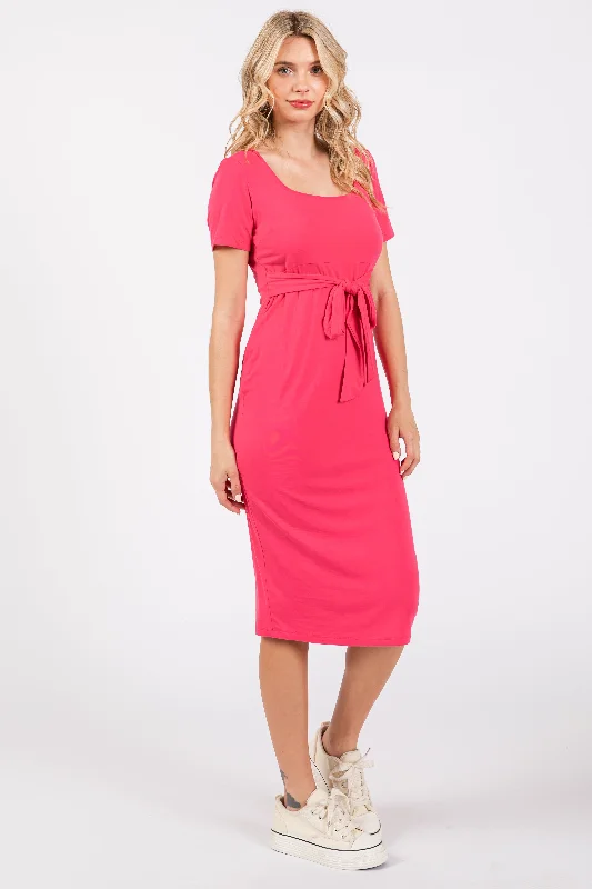 Coral Square Neck Belted Midi Dress