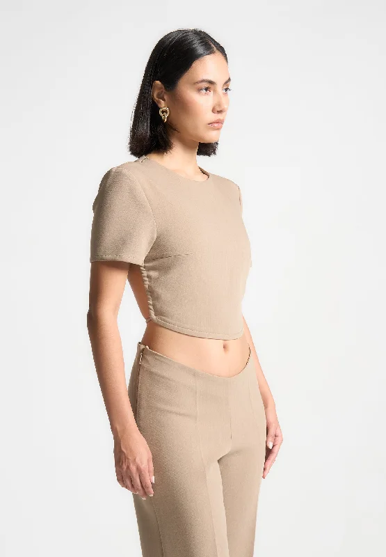 Curved Hem Backless Top with Tie - Dark Beige