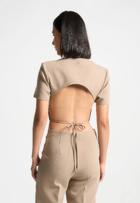 Curved Hem Backless Top with Tie - Dark Beige