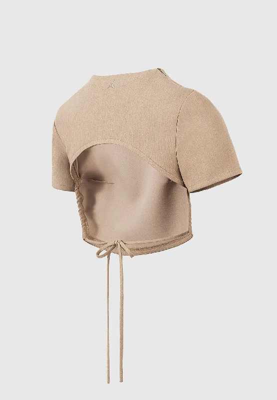 Curved Hem Backless Top with Tie - Dark Beige