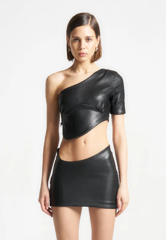 Curved Hem Vegan Leather Crop Top - Black