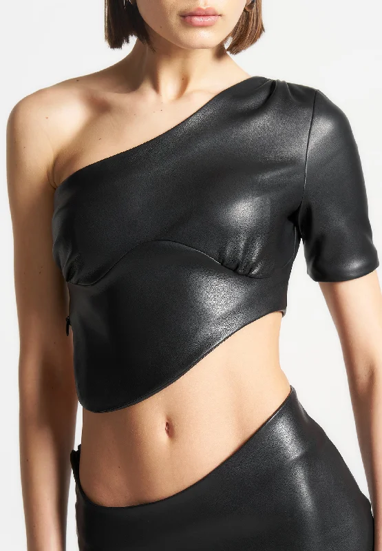 Curved Hem Vegan Leather Crop Top - Black