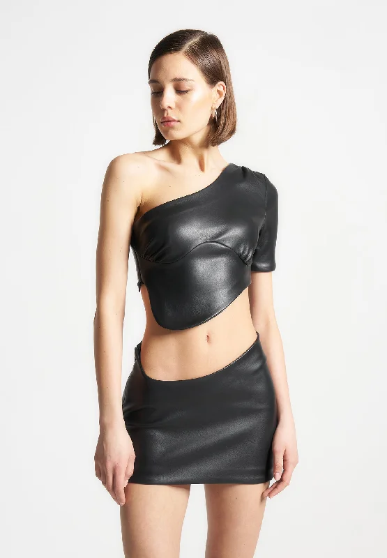 Curved Hem Vegan Leather Crop Top - Black