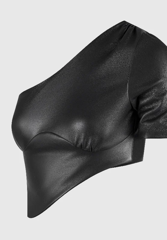 Curved Hem Vegan Leather Crop Top - Black