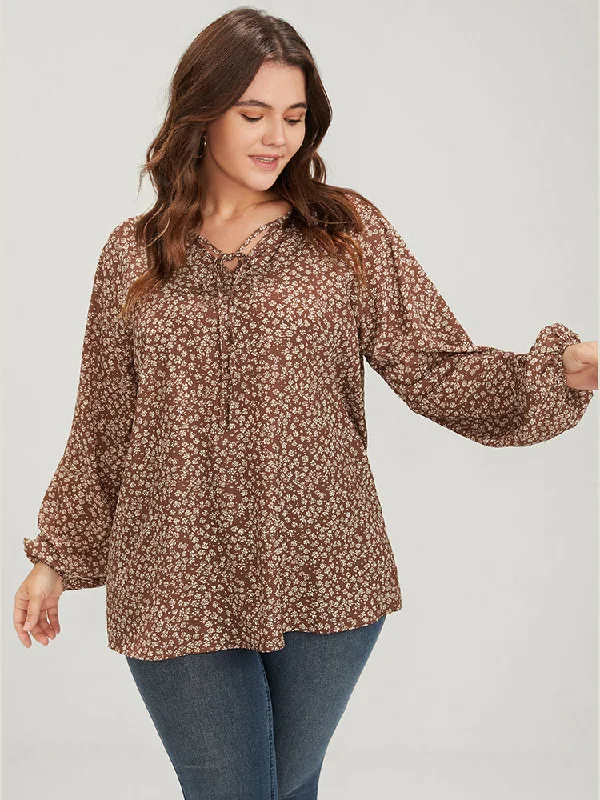 Ditsy Floral Lantern Sleeve Ties V Neck Blouse