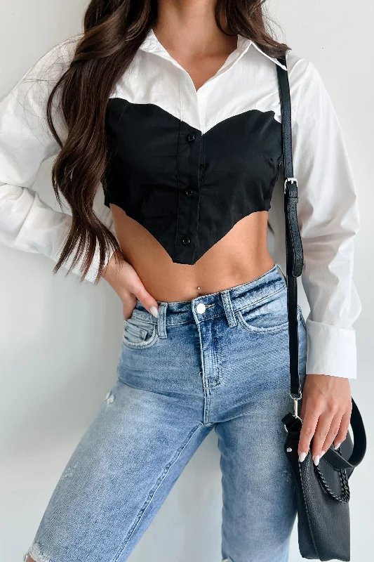 Eclipsing The Heart Colorblock Crop Blouse (White/Black)