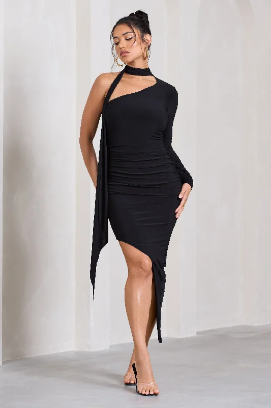 Firestorm | Black Asymmetric One-Sleeved Midi Dress With Scarf