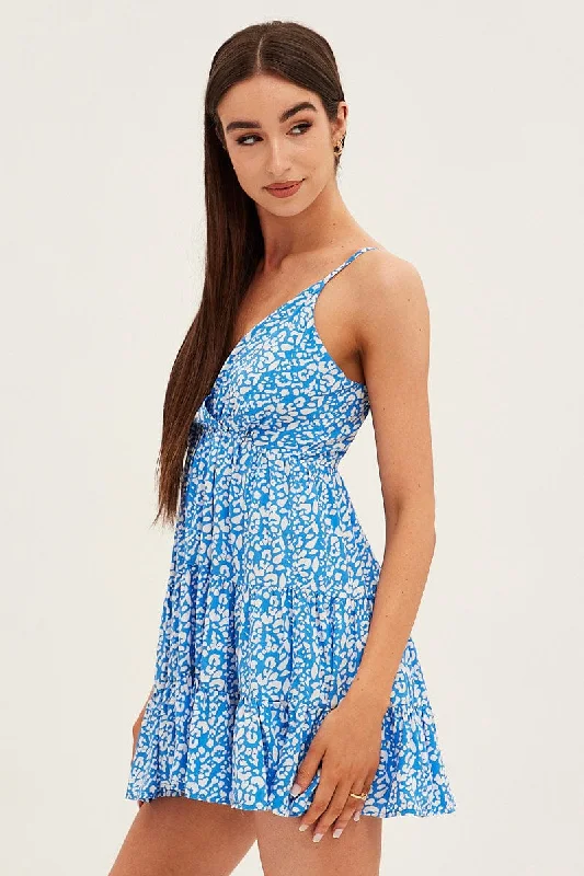 Floral Print Fit And Flare Dress Sleeveless V Neck