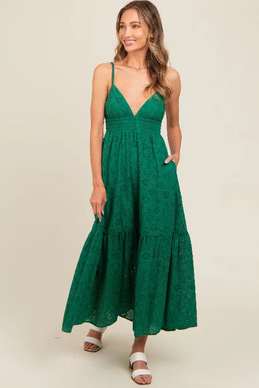 Forest Green Eyelet Lace Smocked Cutout Maxi Dress