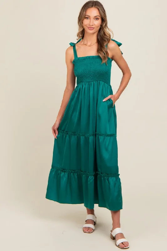 Forest Green Satin Smocked Maxi Dress