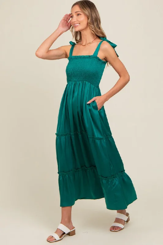 Forest Green Satin Smocked Maxi Dress