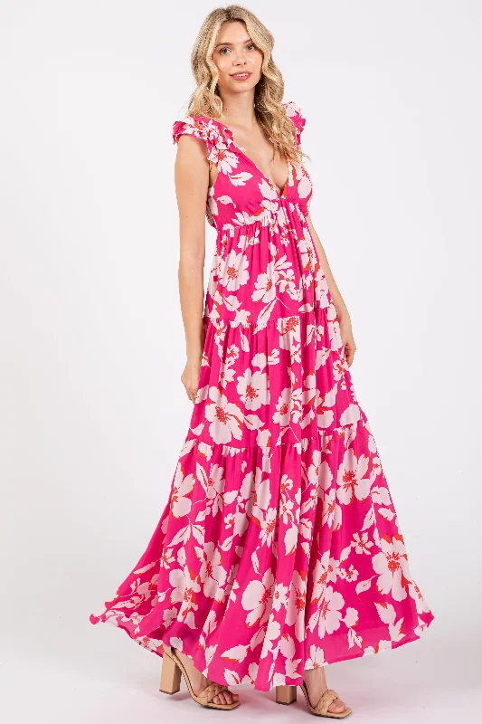 Fuchsia Floral Deep V-Neck Open Back Maxi Dress