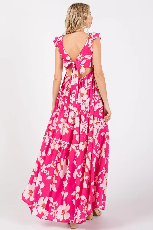 Fuchsia Floral Deep V-Neck Open Back Maxi Dress