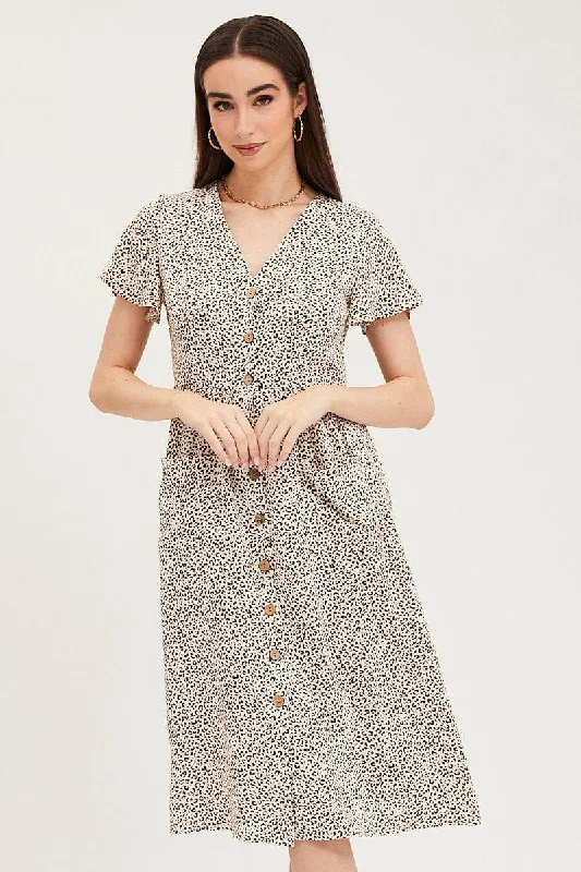 Geo Print Pocket Front Button Midi Dress