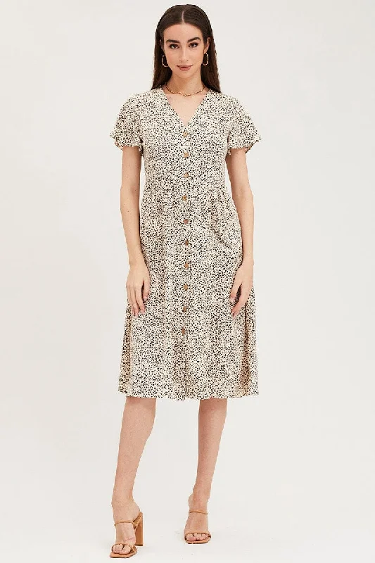 Geo Print Pocket Front Button Midi Dress