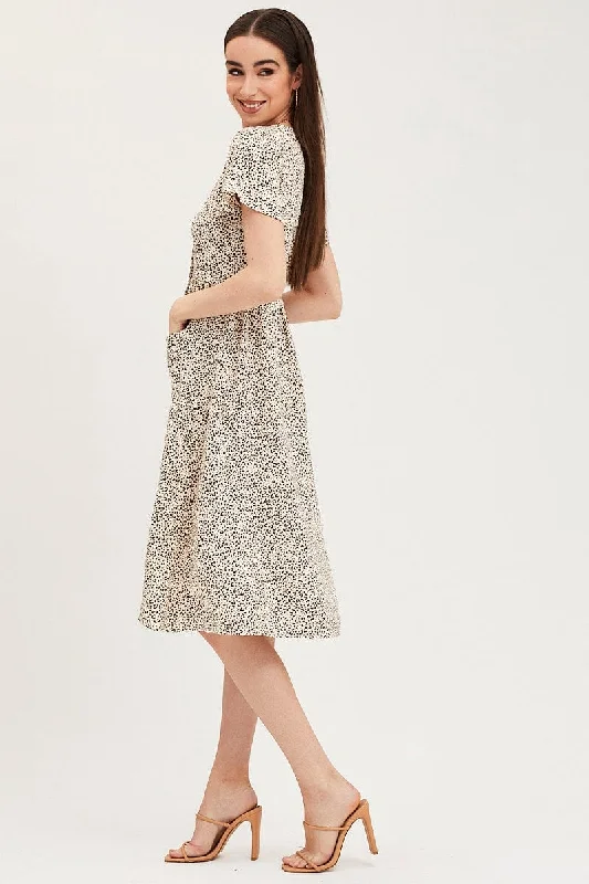 Geo Print Pocket Front Button Midi Dress