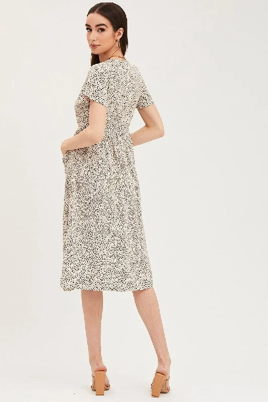 Geo Print Pocket Front Button Midi Dress