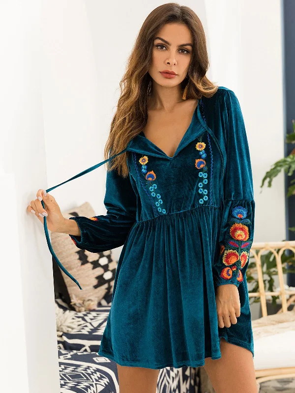 Goin' On A Date Floral Embroidered Velvet Dress