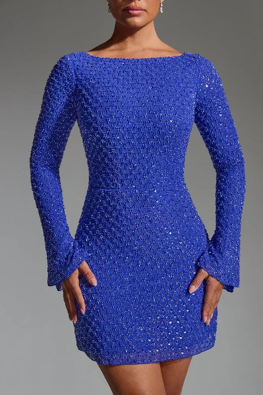 Embellished Open-Back A-Line Mini Dress in Cobalt Blue