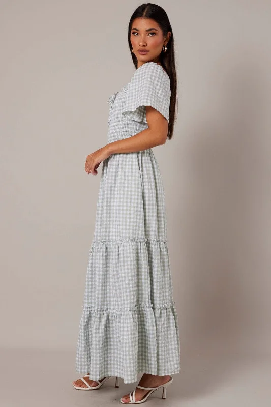 Green Check Maxi Dress Short Sleeve Shirred