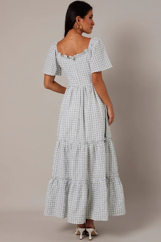 Green Check Maxi Dress Short Sleeve Shirred