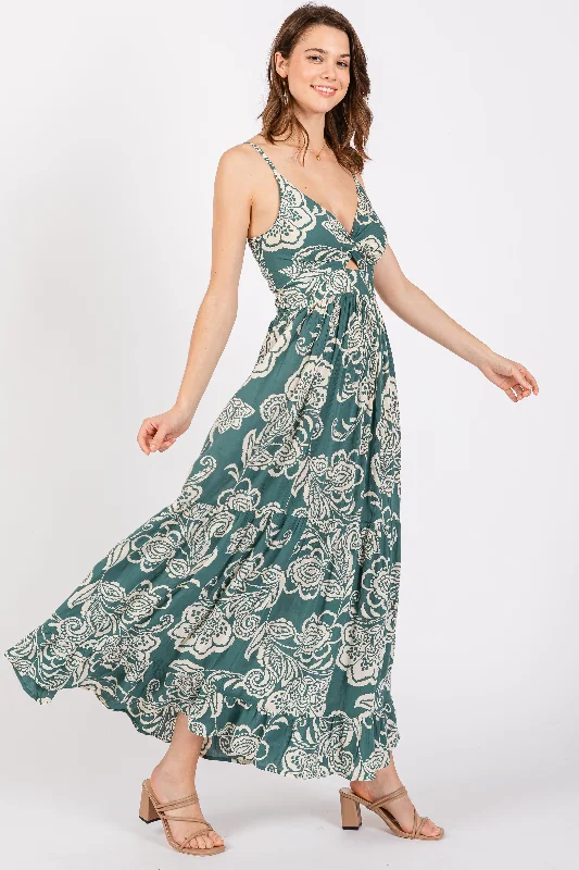 Green Floral Front Knot Twist Maxi Dress