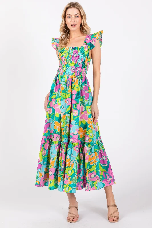 Green Floral Ruffle Shoulder Smocked Midi Dress