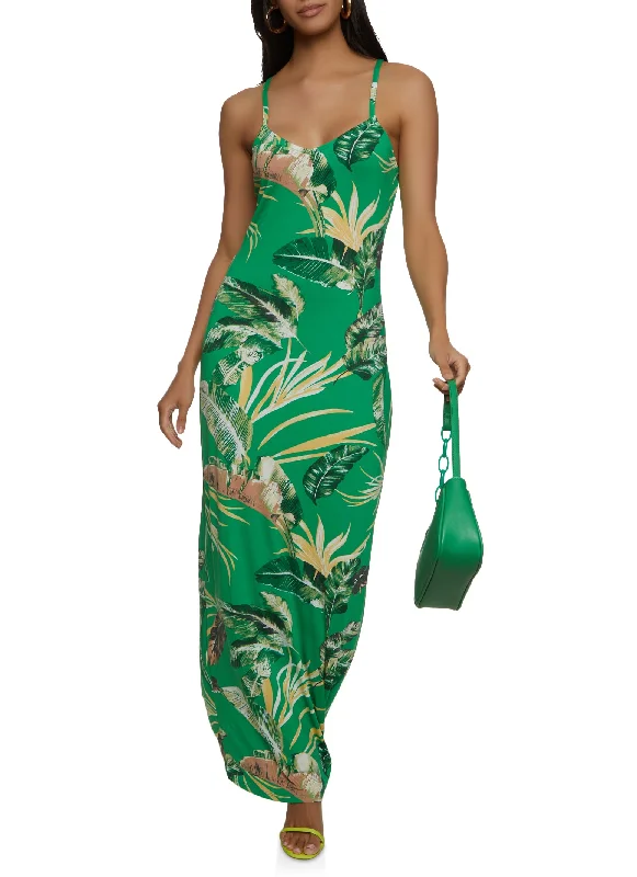 Haute Monde Tropical Palm Print Maxi Cami Dress