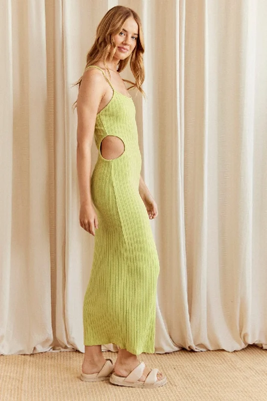 Green Ribbed Midi Dress Cutout