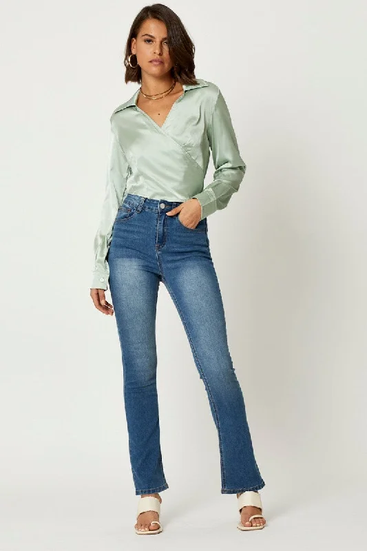 Green Satin Wrap Shirt