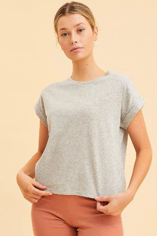 Grey Cropped T-Shirt Crew Neck Roll Sleeve Cotton