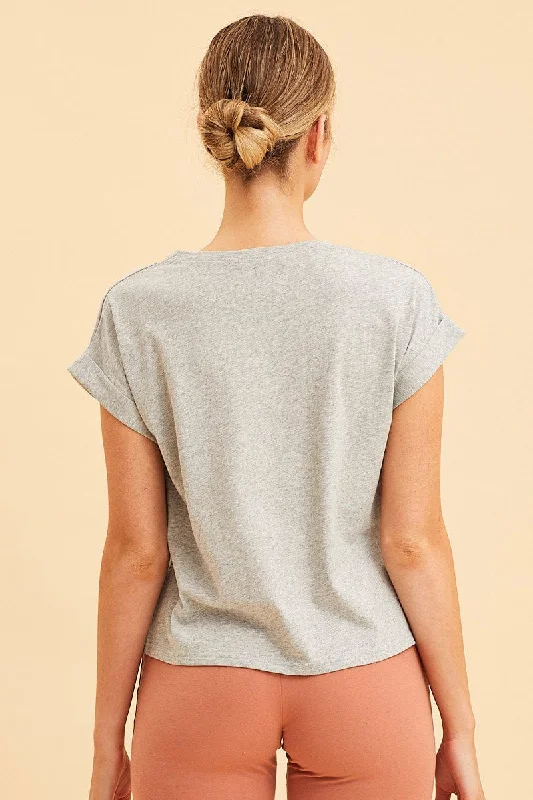 Grey Cropped T-Shirt Crew Neck Roll Sleeve Cotton