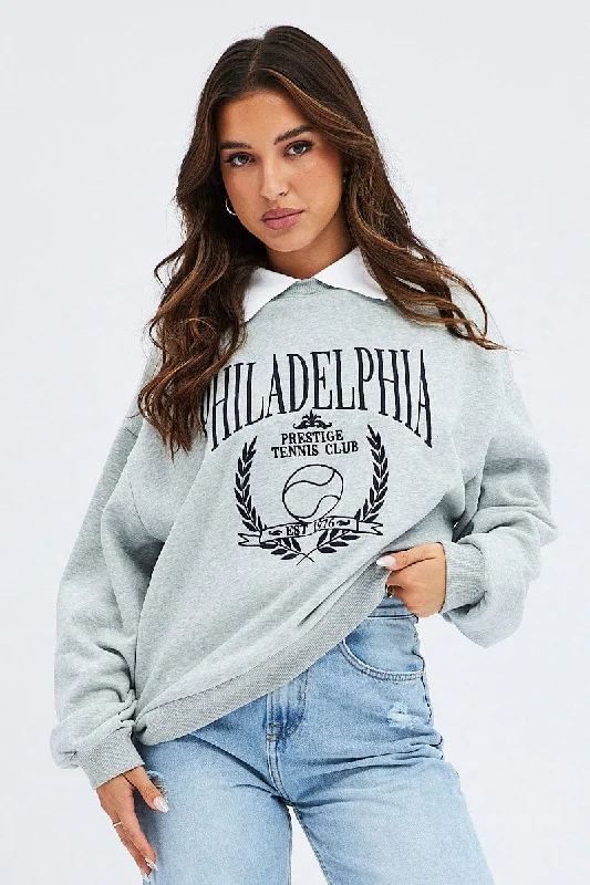 Grey Embroidered Sweater With Collar Varsity Sweat