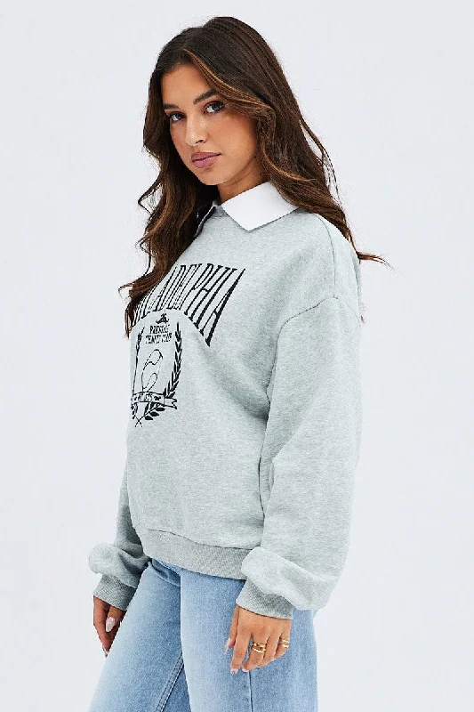 Grey Embroidered Sweater With Collar Varsity Sweat