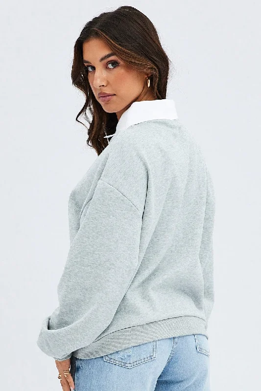 Grey Embroidered Sweater With Collar Varsity Sweat