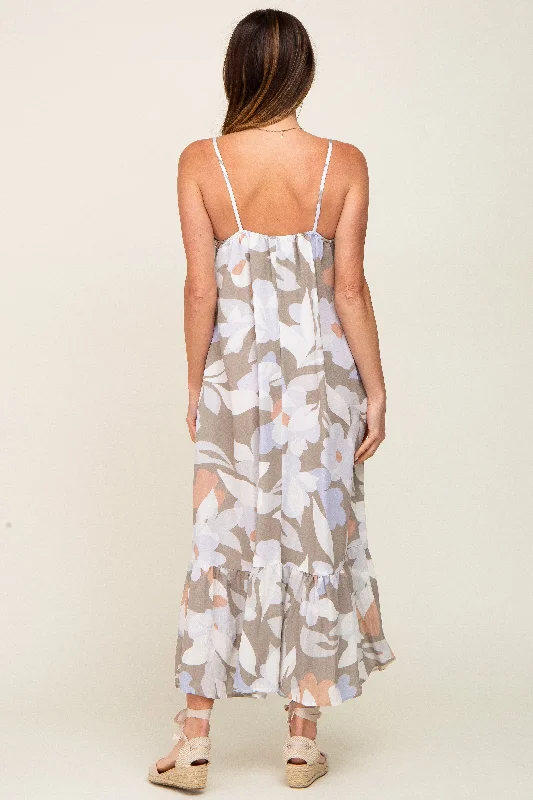 Grey Floral Sleeveless Maxi Dress