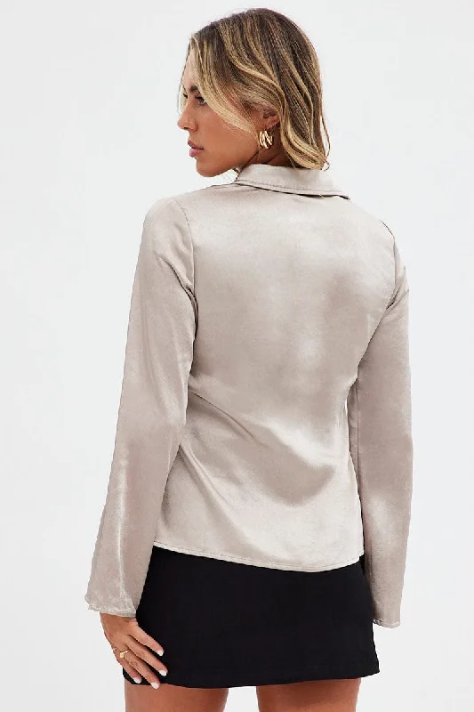 Grey Shirt Long Sleeve Collared Hook & Eye Satin Crepe