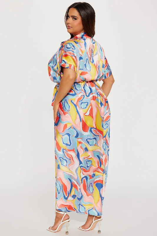 Hailey Button Up Maxi Dress - Blue/combo