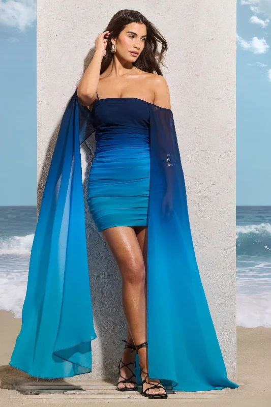 In The Deep | Blue Ombre Strapless Mini Dress With Cape Sleeves