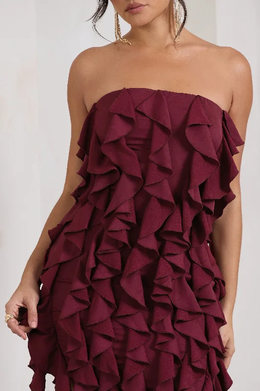 It Girl | Plum Bandeau Bodycon Mini Dress With Ruffles