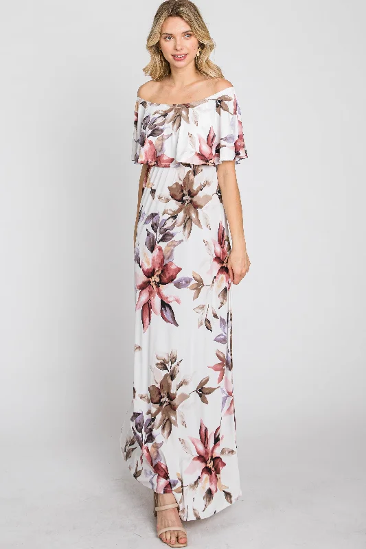 Ivory Floral Off Shoulder Maxi Dress