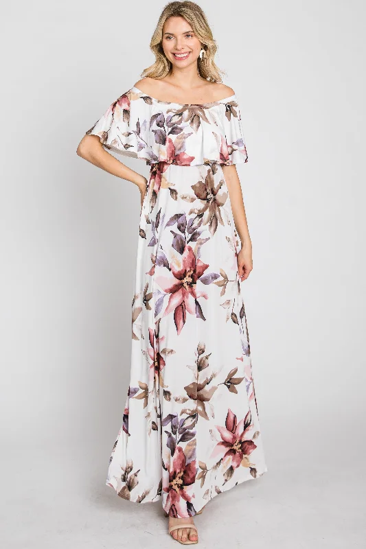 Ivory Floral Off Shoulder Maxi Dress