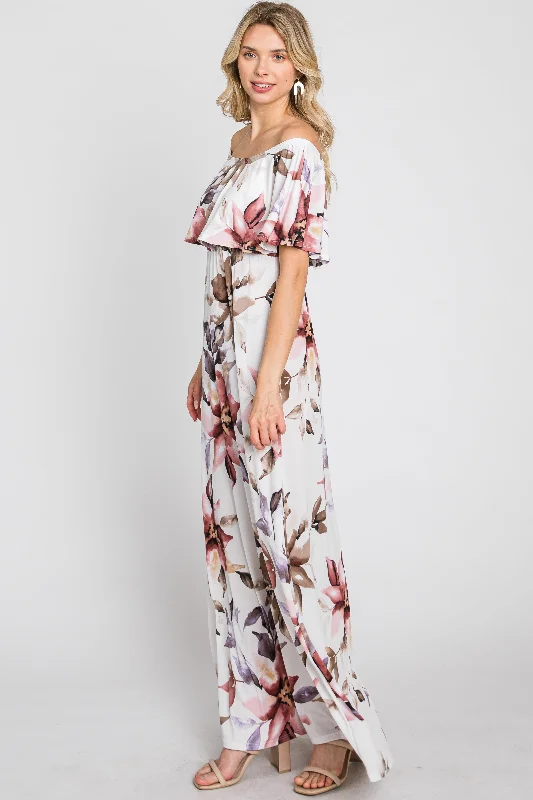 Ivory Floral Off Shoulder Maxi Dress